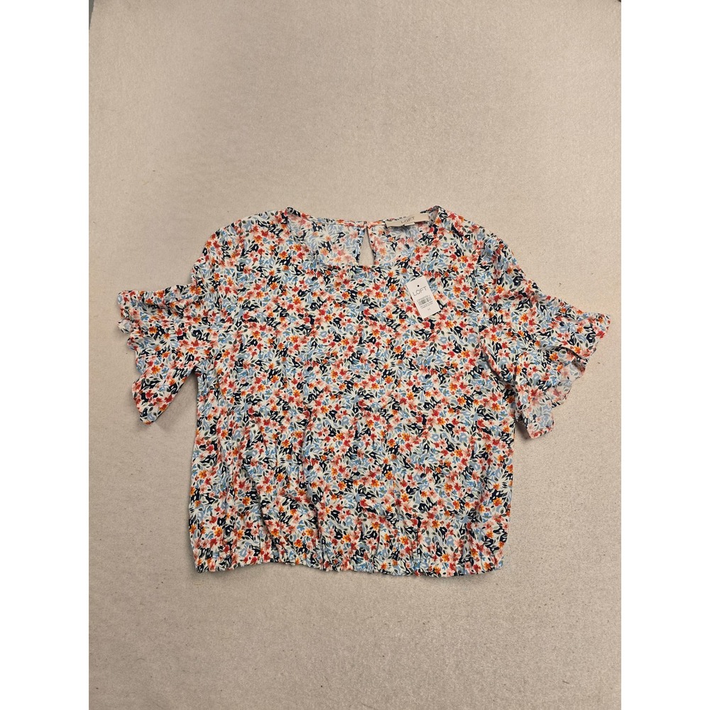 LOFT Womens Floral Flutter Sleeve Elastic Hem Blouse Multi-Color Size M NWT